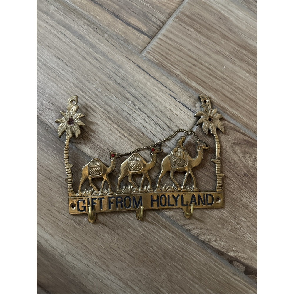 Vintage Holy Land Brass Key Holder Three Camels Palm Trees Religious Gift